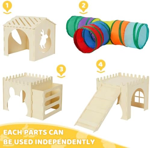 Extra Large Rabbit Hideout, Wooden Bunny Castle with Tunnel and Stair, Rabbit House Tower with Hay Feeder Sturdy Habitat for Guinea Pig Chinchilla Ferret Hamster