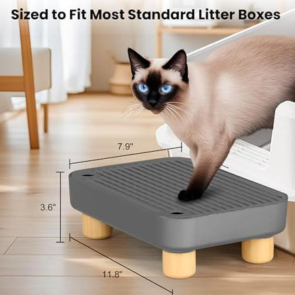 Litter Box Step, Litter Box Ramp/Catcher with Wooden Base, Anti-Tracking & Easy to Clean, Ideal for Small & Elderly Cats 11.8"x7.9"x3.6" (Dark Gray)