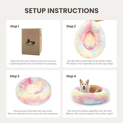 Donut Dog Bed Medium Size Dog, Round Cat Beds for Small Medium Dogs and Cats with Washable Fluffy Faux Fur, Cute Comfort Pet Bed with Anti-Slip Bottom, Rainbow, 30"
