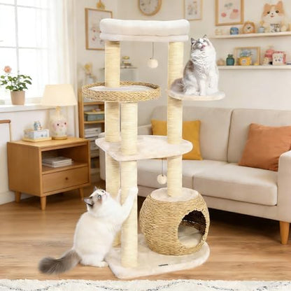 44.8in Modern Cat Tree, White Cat Condo Cats Tower with Cozy Bed & Sisal Scratching Posts, Scratching Ramp and Comfort Basket for Indoor Cats