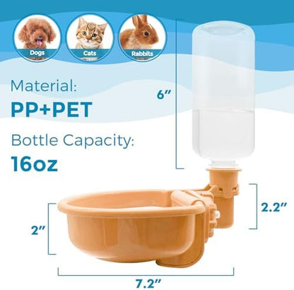 VANNON Gravity Pet Water Bowl, 16oz Anti-Splash Crate Dispenser, Orange