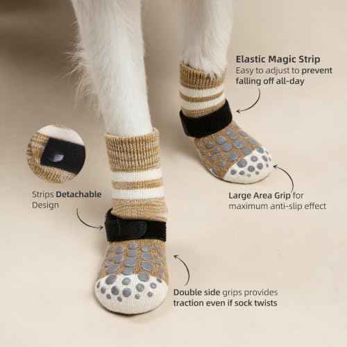 PUPTECK Anti-Slip Dog Socks with Double Sides for Small Medium Large Dogs Hardwood Floors Prevents Licking, Dog Shoes for Hot Pavement Traction Control Paw Protector for Senior Dogs, Striped Khaki XL