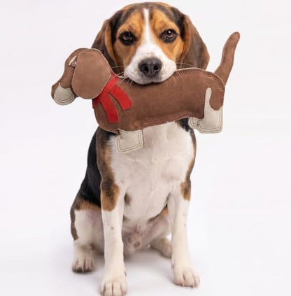 Fuzzl Eco Leather Sizzles the Dachshund Dog Toy - Natural & Tough Light Brown Leather Chew | Durable Toy for Moderate Chewers | 100% Jute Filling & Double Stitched