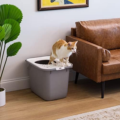 IRIS USA Square Top Entry Cat Litter Box, Kitty Litter Pan with Litter Particle Catching Cover and Privacy Walls, Gray/White (Pack of 4)