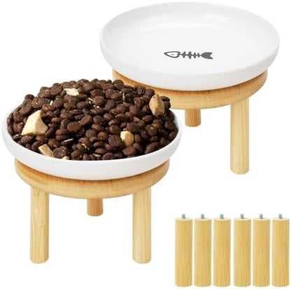 Elevated Cat Bowls with Bamboo Stand, Ceramic Raised Cat Bowl Set of 2, 5.9 Inch Whisker Friendly Anti Vomiting Cat Food Bowls for Dry and Wet Food