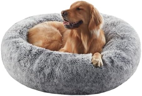 36 inches Faux Fur Fluffy Donut Dog Bed for Large Dogs,Dark Grey