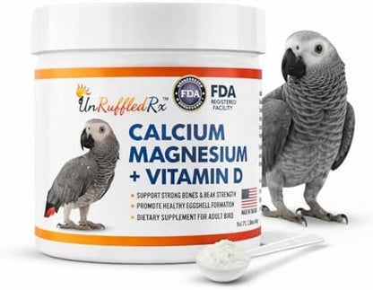 UnRuffledRx™ Bird Calcium Plus with Magnesium and D3, Dissolves Clear and Tasteless in Water, Supports Bone, Muscle, Feather and Egg Health, 45 Servings, Made in FDA-Registered USA Facility