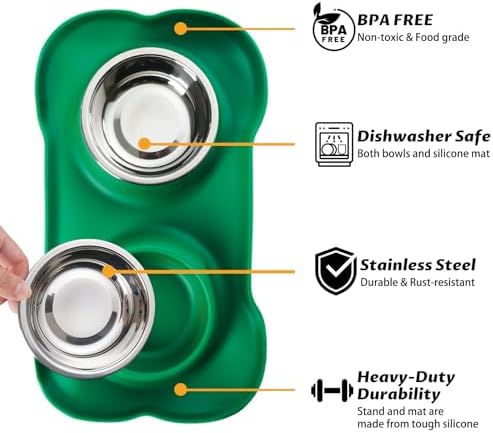 Hubulk Pet Dog Bowls 2 Stainless Steel Dog Bowl with No Spill Non-Skid Silicone Mat + Pet Food Scoop Water and Food Feeder Bowls for Feeding Small Medium Large Dogs Cats Puppies (X- L, Huntergreen)