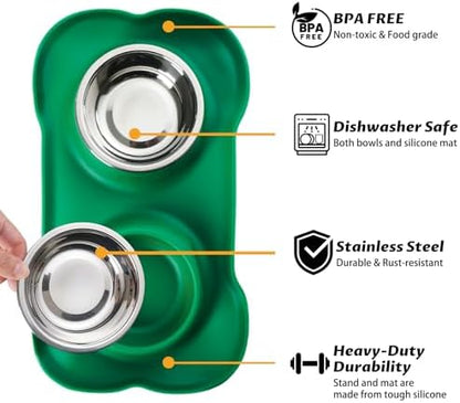 Hubulk Pet Dog Bowls 2 Stainless Steel Dog Bowl with No Spill Non-Skid Silicone Mat + Pet Food Scoop Water and Food Feeder Bowls for Feeding Small Medium Large Dogs Cats Puppies (X- L, Huntergreen)