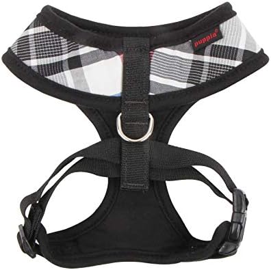 Puppia Junior Over-The-Head Dog Harness Checkered Pattern No Choke No Pull Adjustable Chest Belt Walking Training for Small and Medium Dog, Medium, Black