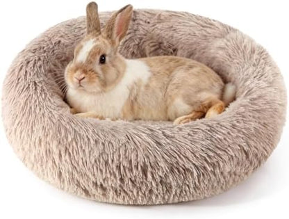 Rabbit Bed, Long Plush Donut Shaped Washable Bunny Hideout Soft Pet Bedding Mat for Guinea Pig, Kitten, Chihuahua & Small Pets for Snuggling Resting - Khaki