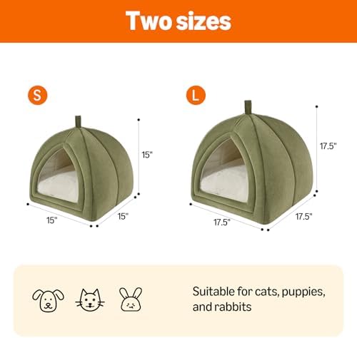 Amazon Basics Cat Cave Bed, 2-in-1 Foldable House for Indoor Cats, with Washable Cushion and Non-Slip Base, 17.5 x 17.5 Inches, Large, Green