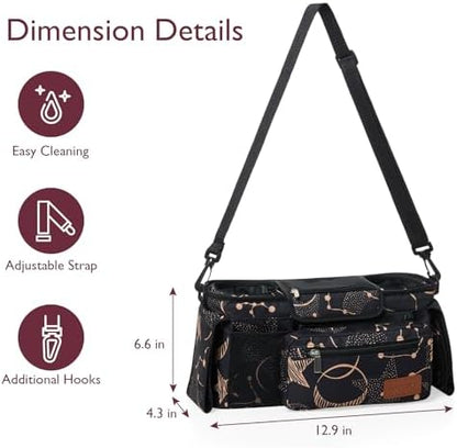 Momcozy Universal Baby Stroller Organizer, 2 Insulated Cup Holder, Detachable Zippered Pocket, Adjustable Shoulder Strap, Large capacity for baby essentials, Compact Design Fits Any Strollers