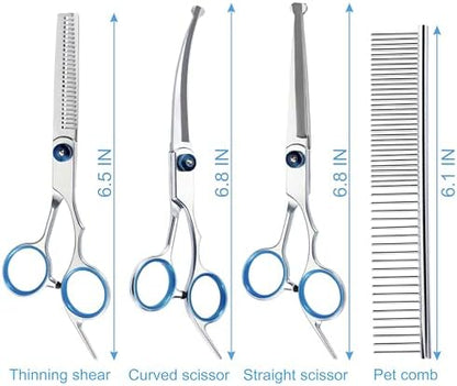 5 in 1 Premium Dog Grooming Scissors, Professional Dog Scissors for Grooming with Safety Round Tips, Lengnoyp Stainless Steel Thinning Shears, Pet Cat Shears for Grooming Kit