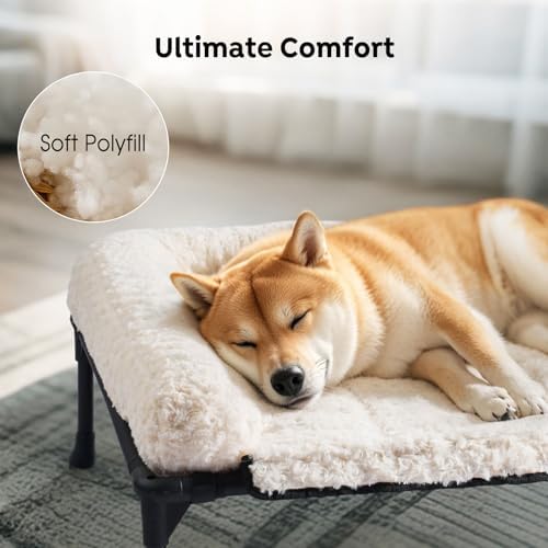 Veehoo Orthopedic Elevated Dog Bed Add Removable Deluxe Rose Plush Bolster Cushion Mat, 53" x 33" Washable Dog Couch Bed, Raised Pet Cot with Breathable Teslin Mesh, No-Slip Feet, White, CWC2439B