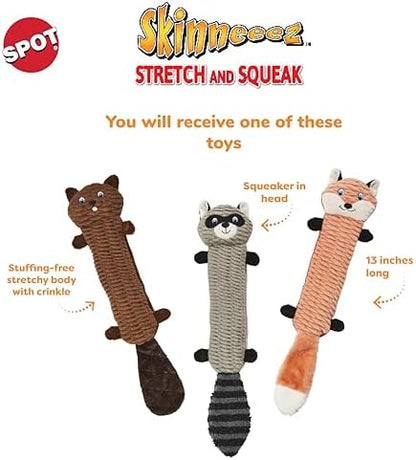 SPOT Skinneeez Stretch and Squeak Dog Toy - Stuffing-Free Stretchy Toy with Crinkle and Squeaker, Fun for Dogs to Tug and Fetch, Assorted Animal Characters - Beaver, Raccoon, or Fox - 13in
