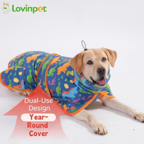 LovinPet 3-in-1 Dog Warm Winter Coat & Bathrobe, Dinosaur Teal Blue, 2XL