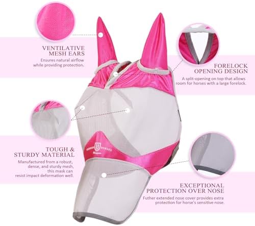 Harrison Howard Full Face Horse Fly Mask UV Protection and Breathable for Equine Use Comfortable Magenta-Grey L
