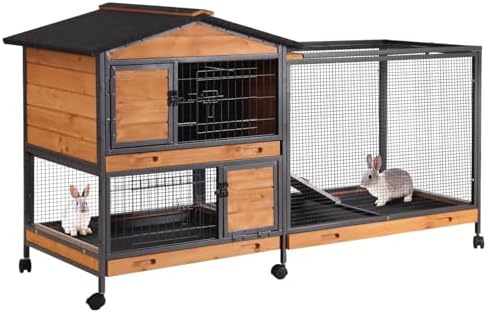 AIVITUVIN Rabbit Hutch Indoor with Metal Frame Rabbit Cage with Pull Out Tray No Leakage Bunny Cage with Wheel Guinea Pig Cage