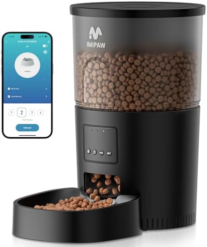 IMIPAW Automatic Cat Feeder, 5G WiFi Cat Food Dispenser with APP Remote Control, Pet Dry Food Smart Feeder, Programmable Timed Feeding, Dual Power Supply, 1-10 Meals Per Day, Desiccant Bag, Small pets