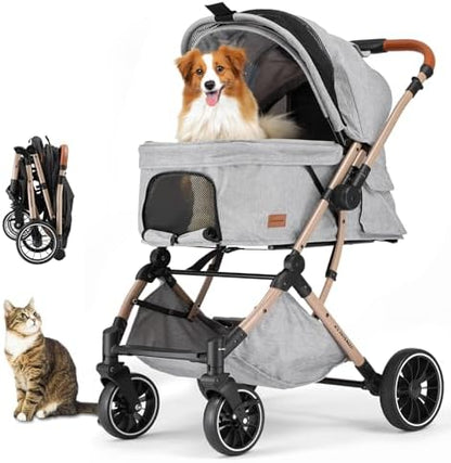 EchoSmile Small Medium Dogs Stroller 4-Wheel Pet Strollers for Medium Dogs Up to 50lbs, One Click Folding Large Cat Stroller, Reversible Handle, Shock Absorbing Wheels, Removable Washable Pad