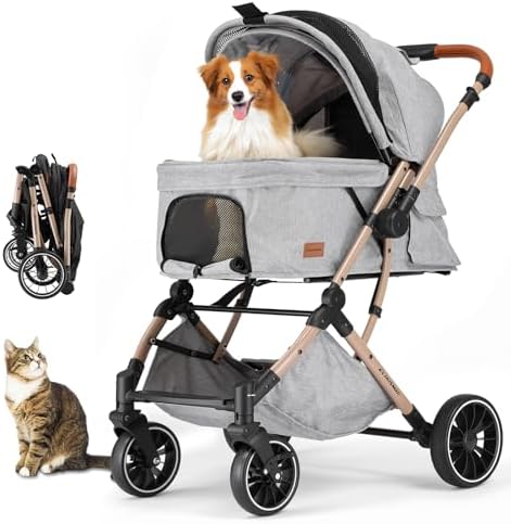 EchoSmile Small Medium Dogs Stroller 4-Wheel Pet Strollers for Medium Dogs Up to 50lbs, One Click Folding Large Cat Stroller, Reversible Handle, Shock Absorbing Wheels, Removable Washable Pad
