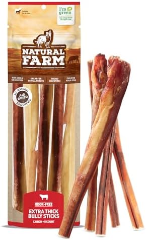 Natural Farm Odor Free Jumbo Bully Sticks (12 Inch, 5 Count), Extra-Thick Chews for Dogs, Fully Digestible 100% Beef Treats, Supports Dental Health, Keep Your Dog Busy with 50% Longer Lasting Chews