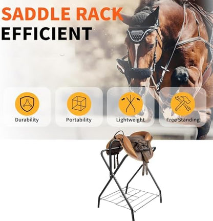 2 Pack Folding Saddle Rack Heavy Duty Freestanding Horse Saddle Stand Detachable Saddle Rack Stand with Bottom Storage for English & Western Saddles
