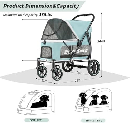 EchoSmile Dog Stroller for Large Dogs, 135lbs Weight Extra Large Pet Stroller, 4 Wheels Cats & Dogs Carrier with Brakes, Breathable Mesh Windows & Pocket, Green