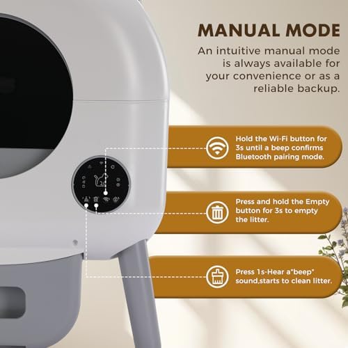 GTPLAYER Self Cleaning Litter Box, Automatic Cat Litter Box - APP Control and Weight Monitoring, Safety Sensors Protection, Ultra-Quiet, Odor Control, Includes Trash Bag& Scrub Brush, Ivory