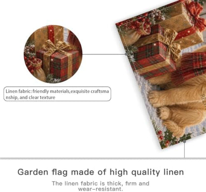 Merry Christmas Garden Flag 12x18 Inch Golden Retriever Santa Hat Plaid Scarf Gift Boxes Snowy Farmhouse Outdoor Yard Lawn Front Porch Welcome Double Sided Banner Decor