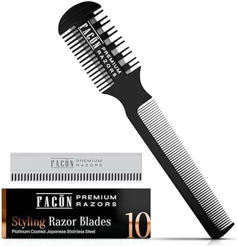 Facón Razor Comb for Hair Cutting - Professional Hair Cutting Comb Kit with 12 Replacement Blades, Double Edge Shaper for Salon & Home, Premium Styling Thinning Texturizing Split Ends Trimming Razor