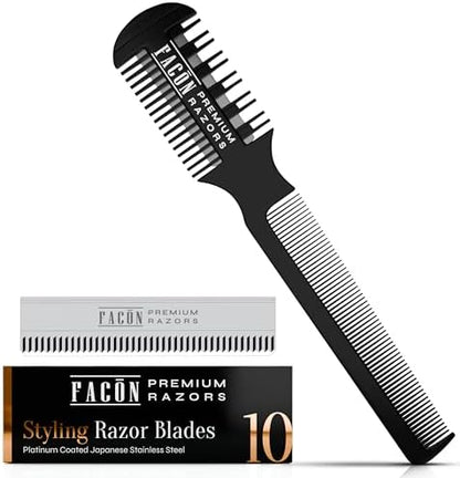 Facón Razor Comb for Hair Cutting - Professional Hair Cutting Comb Kit with 12 Replacement Blades, Double Edge Shaper for Salon & Home, Premium Styling Thinning Texturizing Split Ends Trimming Razor