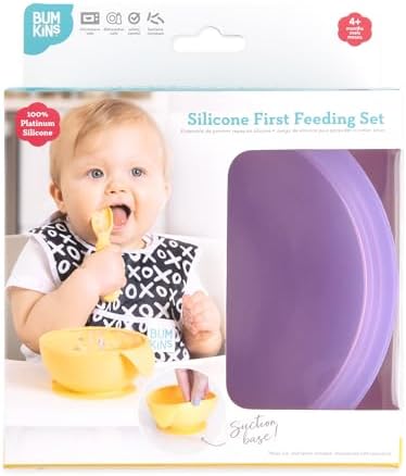 Bumkins Feeding Set with Suction, Includes Spoon and Lid, Training Essentials for Baby-Led Weaning, Toddler Self-Feeding, Babies Eating at 4 Mos Up, Purple Jelly