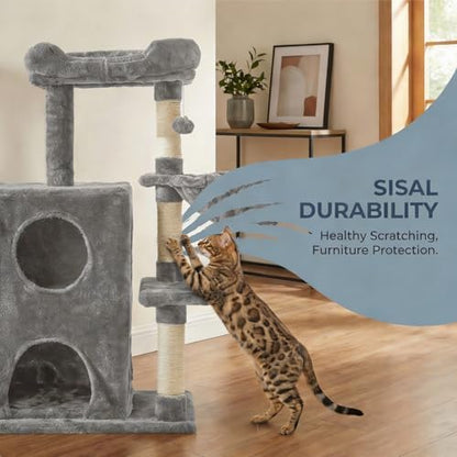 Fansafurn Cat Tree Tower for Indoor Cats, 36-inch Adult Cat Tree House for Large Adult Cats with Steps, Scratching Post, 2 Cat Condo, Dangling Toys, Light Grey