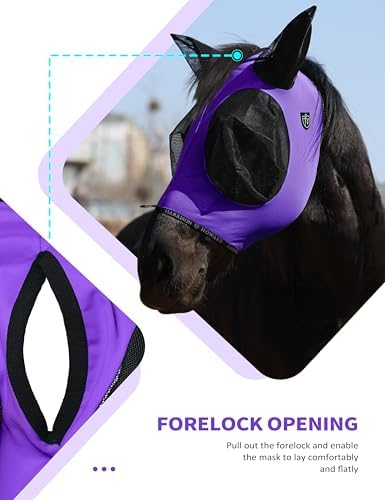 Harrison Howard Horse Fly Mask with Forelock Opening Stretch Breathable and Comfortable for Horses UV -Protection Purple L
