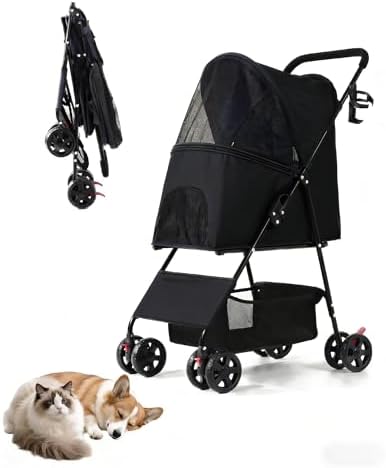 Pet Stroller for Small Dogs Cats, Lightweight Foldable Dog Stroller-Black