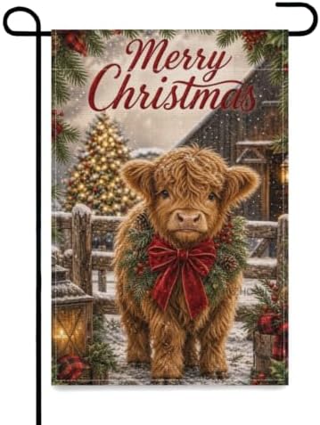 Merry Christmas Garden Flag 12x18 Inch Highland Cow Pine Wreath Red Bow Snowy Barn Plaid Vintage Farmhouse Outdoor Yard Lawn Front Porch Welcome Double Sided Banner Decor