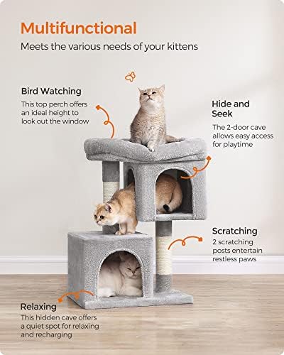 Feandrea Cat Tree, 26.4-Inch Small Cat Tower, Cute Plush Condo, Light Gray