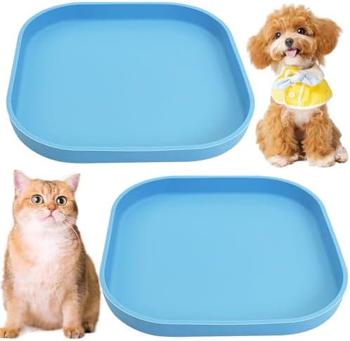 Fhiny 2PCS Silicone Cat Bowls Set 7.1 x 7.1 in Shallow Dog Dish Whisker Friendly Cat Food Plate for Dry & Wet Food Dishwasher Safe Non-Slip Pet Feeding Bowls for Kittens and Puppies (Blue)