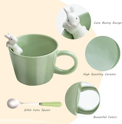 BigNoseDeer Cute Easter Bunny Mugs with 3D Rabbit Inside Kawaii Ceramic Rabbit Coffee Mug with Spoon Cute Gifts Easter Gifts Gag Gifts for Women White Elephant Gifts for Adults 12oz (Green)
