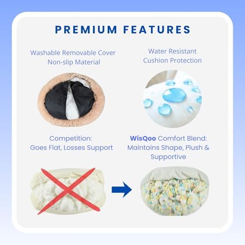 Calming Donut Dog Bed – Faux Fur Anti-Anxiety Pet Bed with Removable Washable Cover & Water-Resistant Liner – Plush Fluffy Round Nest, Non-Slip Bottom for Dogs & Cats – Medium, Beige