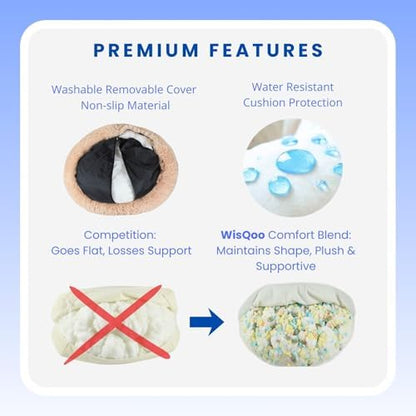 Calming Donut Dog Bed – Faux Fur Anti-Anxiety Pet Bed with Removable Washable Cover & Water-Resistant Liner – Plush Fluffy Round Nest, Non-Slip Bottom for Dogs & Cats – Medium, Beige