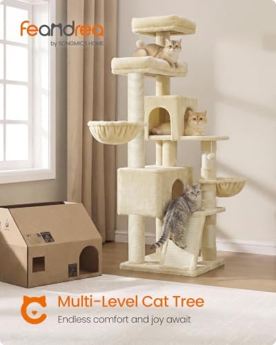 Feandrea Cat Tree, 68.5-in Tall Cat Tower, Multi-Level Condo, Beige
