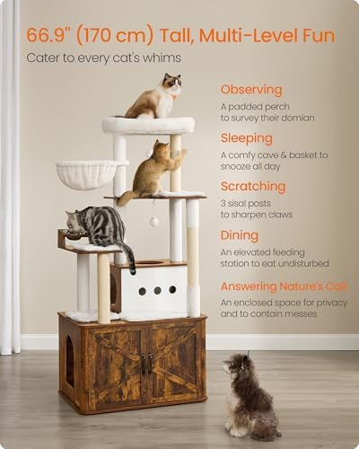 Feandrea Cat Tree, 66.9-Inch Cat Tower with Litter Box Enclosure