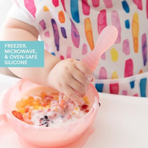 Bumkins Feeding Set with Suction, Includes Spoon and Lid, Training Essentials for Baby-Led Weaning, Toddler Self-Feeding, Babies Eating at 4 Mos Up, Pink Jelly