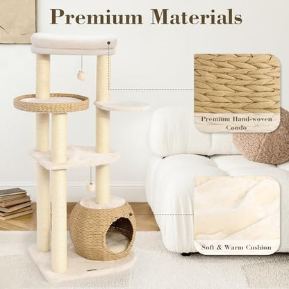 44.8in Modern Cat Tree, White Cat Condo Cats Tower with Cozy Bed & Sisal Scratching Posts, Scratching Ramp and Comfort Basket for Indoor Cats