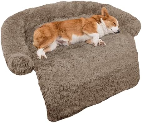 Calming Dog Bed Fluffy Plush Dog Mat for Furniture Protector with Removable Washable Cover for Large Medium Small Dogs and Cats (Medium(41x37x6), Camel)