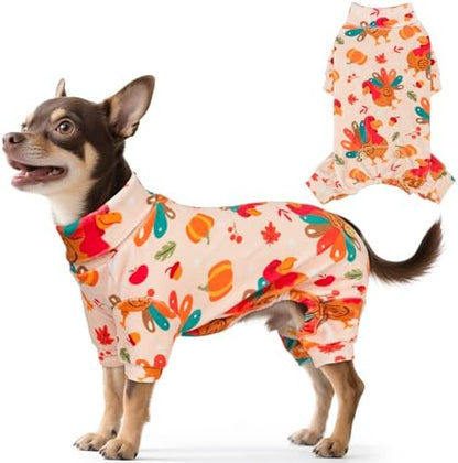 KYEESE Thanksgiving Dog Pajamas, Turtleneck Dog Pajamas for Small Dogs Boy Girl, Soft Velvet Warm Pet Onesie with Turkey Pattern, Stretchable 4 Legs Doggie Jammies, Cozy Cute Pet Pjs, Small