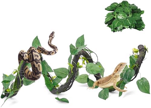 VCEPJH Medium Reptile Vines Thick Terrarium Plants 70 Inches Long Flexible Climbing Branch with Leaves Snake Tank Accessories Greenery Habitat Decor for Bearded Dragon Chameleon Gecko Lizard (Black)